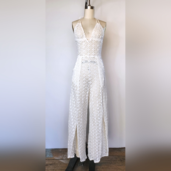 Free People Lace Ivory Jumpsuit Halter See Through Pockets Wide Legs w/ Slits S - Picture 8 of 15